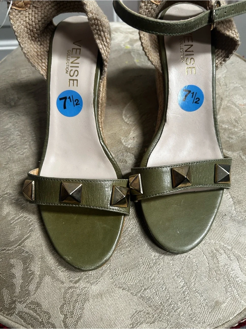 Venise Collection Olive Green Espadrille Wedge Sandals with Ankle Strap Sz 38